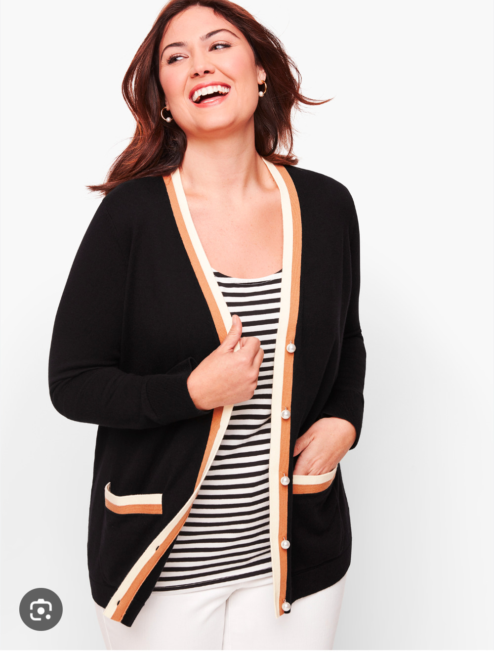 Talbots Tipped Cardigan Womens 1Xp Black Cotton Mature Career Work Soft Preppy